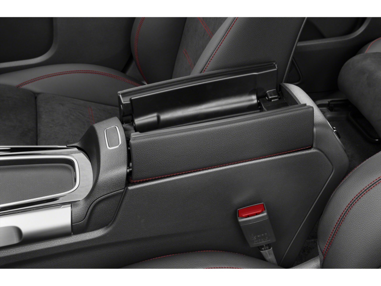 Center console armrest with storage and red stitching