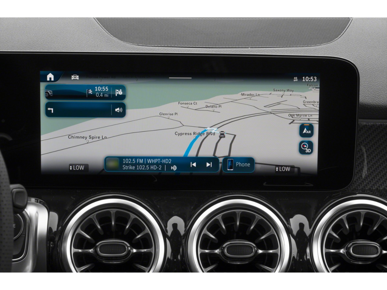 Infotainment and navigation screen with digital map and media controls