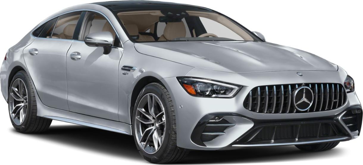 Silver 4-door coupe front side with aggressive grille and alloy wheels