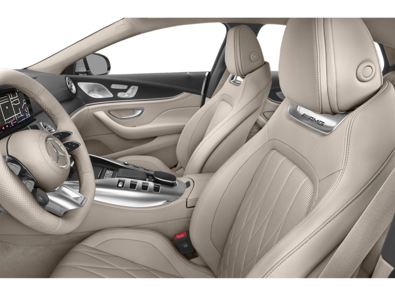 Beige leather seats with AMG branding and advanced center console controls