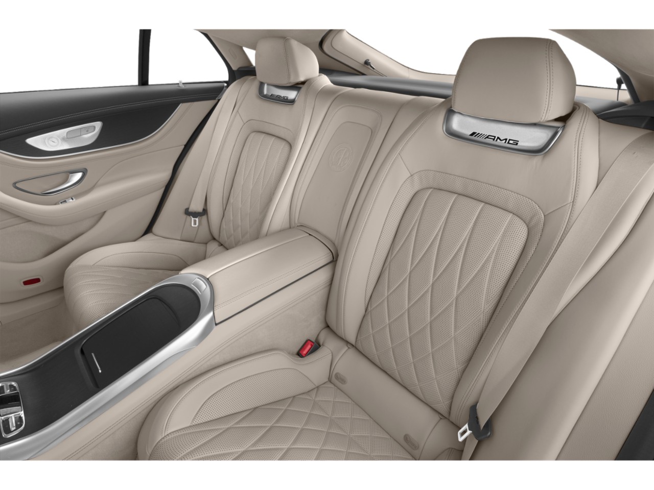 Quilted beige leather rear seats with AMG branded headrests and center armrest console.