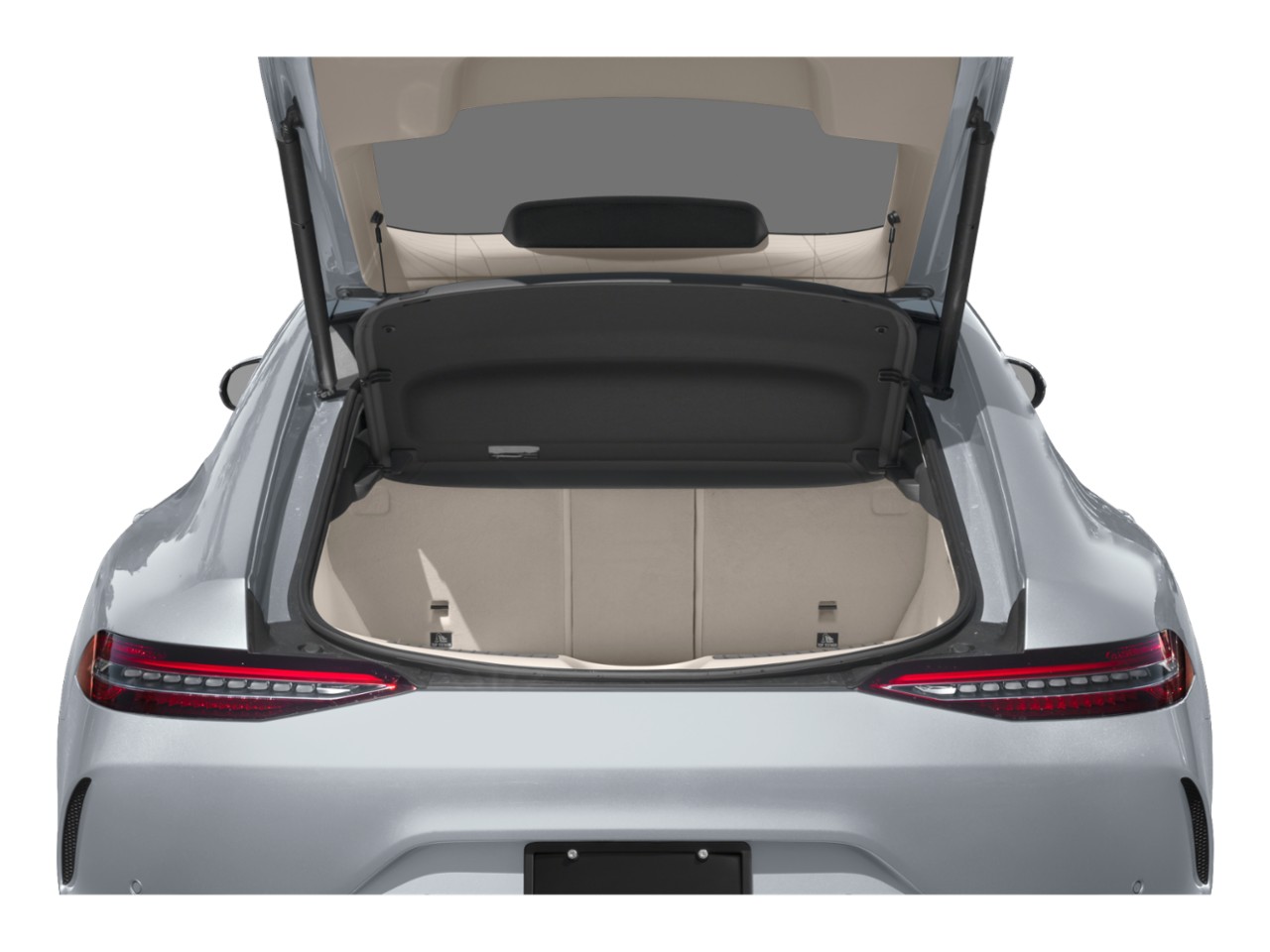 Open trunk of a modern luxury 4-door coupe with a spacious and clean cargo area