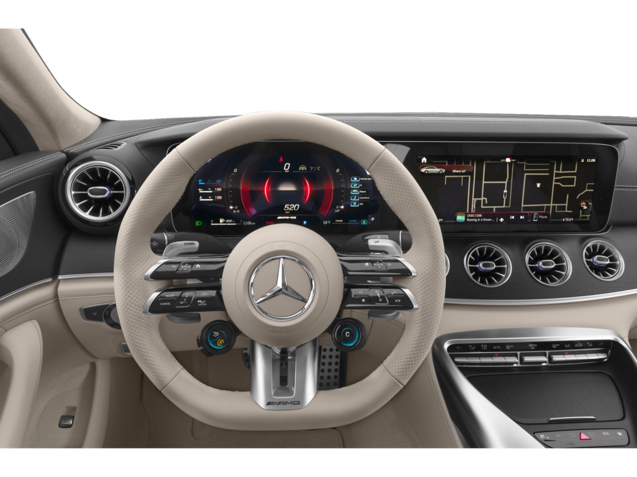 Beige AMG steering wheel with digital dashboard and widescreen displays