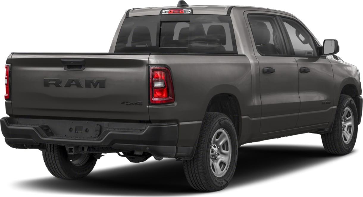 Rear view of 4x4 pickup with quad cab short bed and distinct taillights