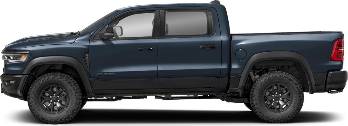 Side profile of quad cab pickup with short bed and offroad tires
