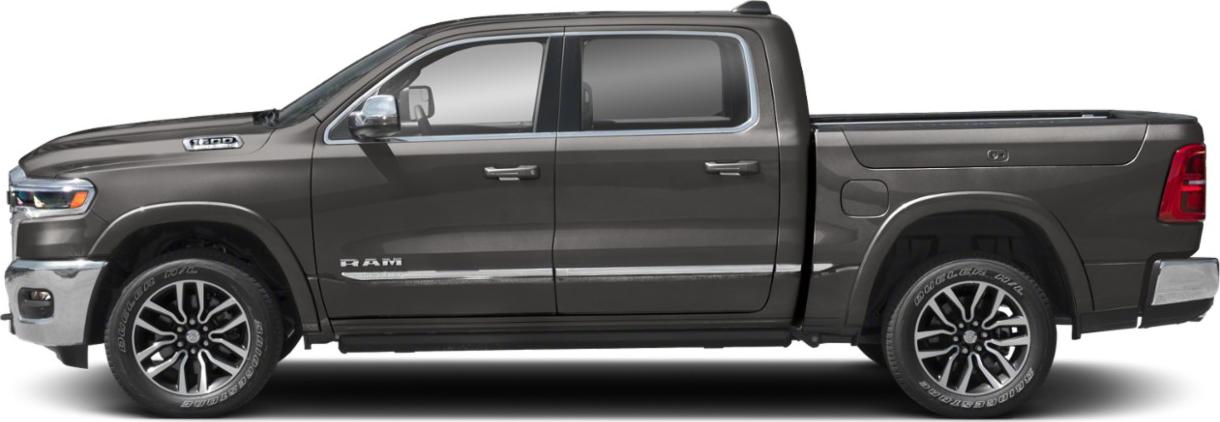 Side profile of a 4-door pickup truck with short bed and chrome trim