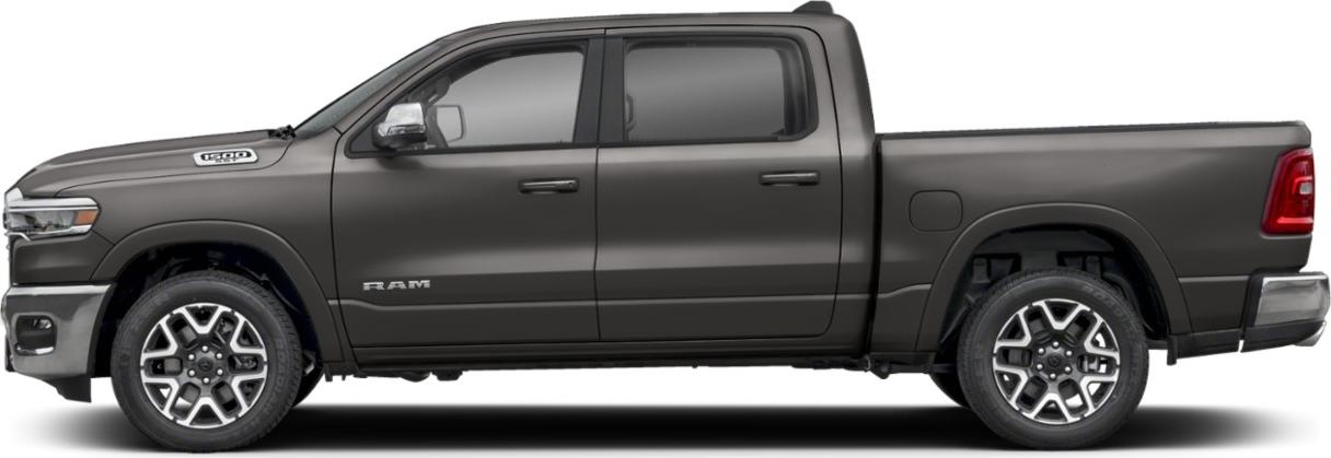 Side profile of a quad cab short bed pickup with modern wheels and door layout