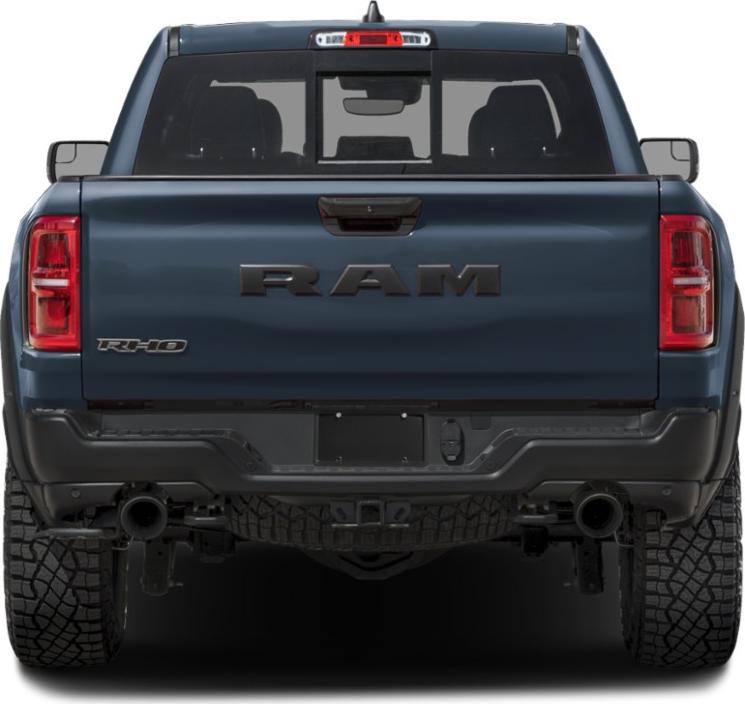 Rear view of pickup with RAM tailgate and dual exhausts