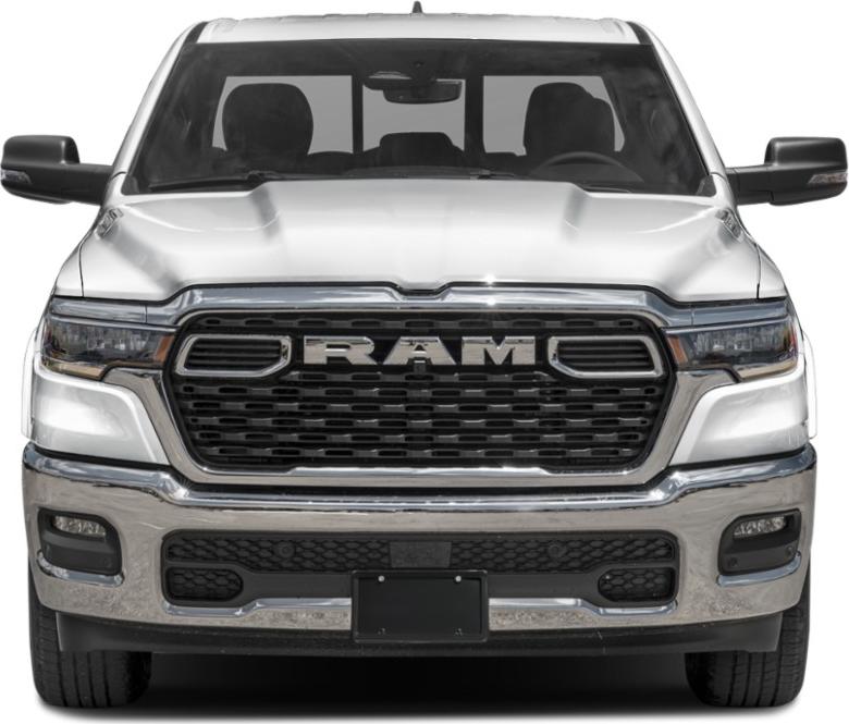 Front view of pickup grille with RAM branding and LED headlights