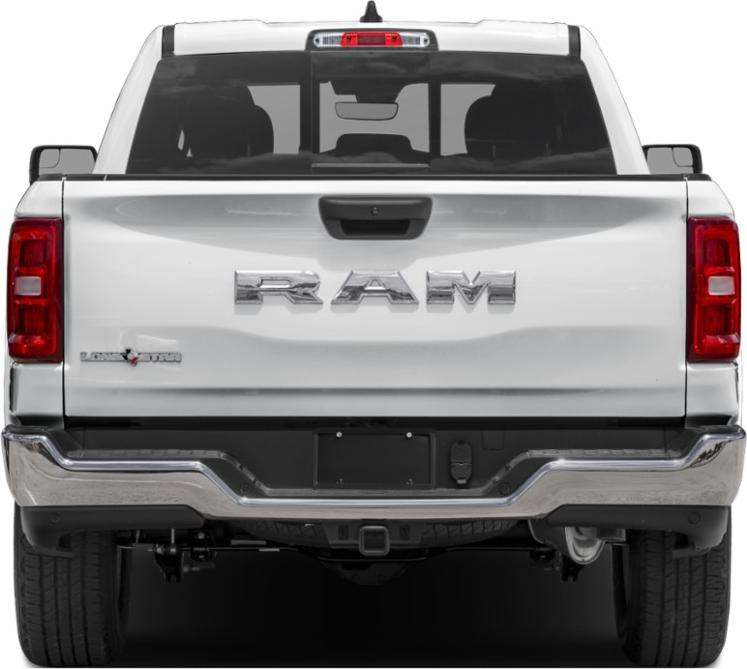 Rear rearview of a pickup with large emblem and chrome bumper