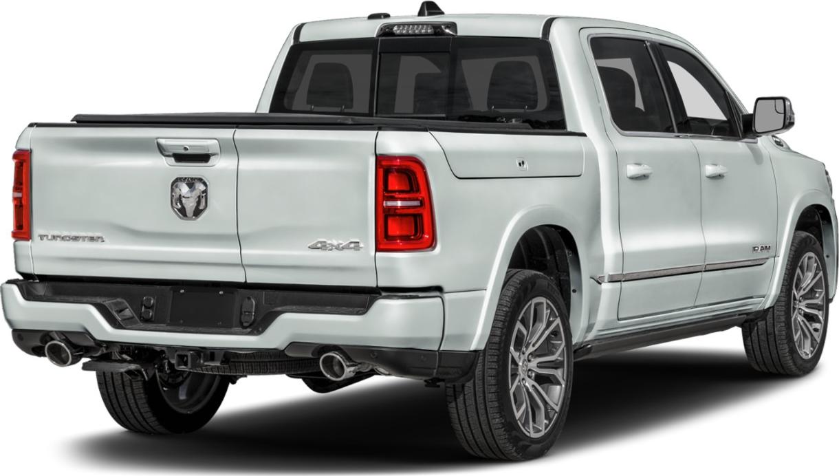 Rear view of a quad cab short pickup with dual exhaust and tailgate