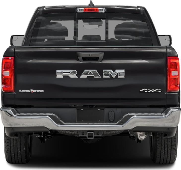 Rear view of pickup tailgate with RAM logo and 4x4 badge