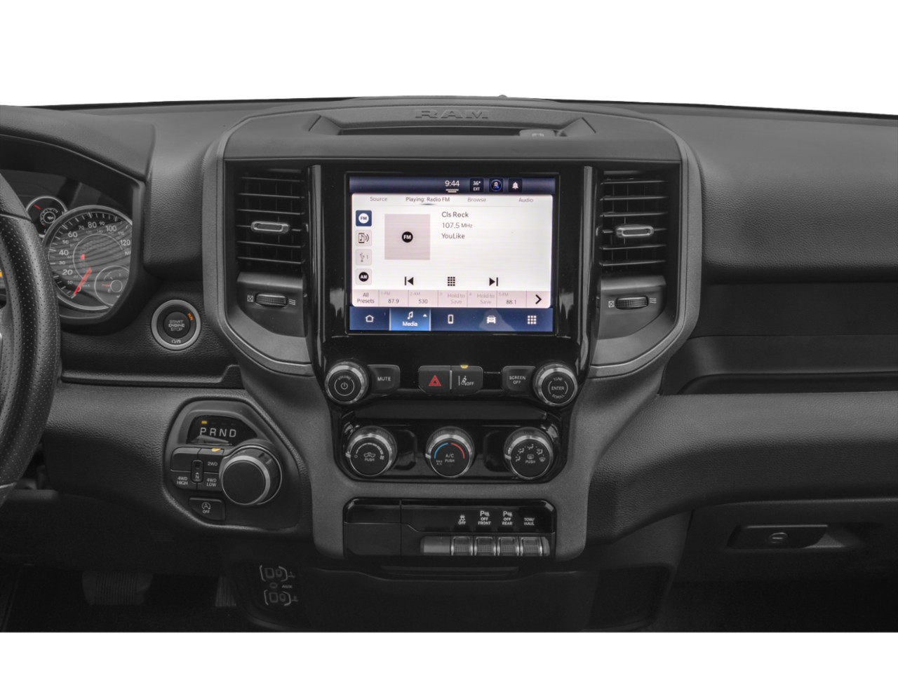 Interior dashboard with infotainment screen and rotary gear selector