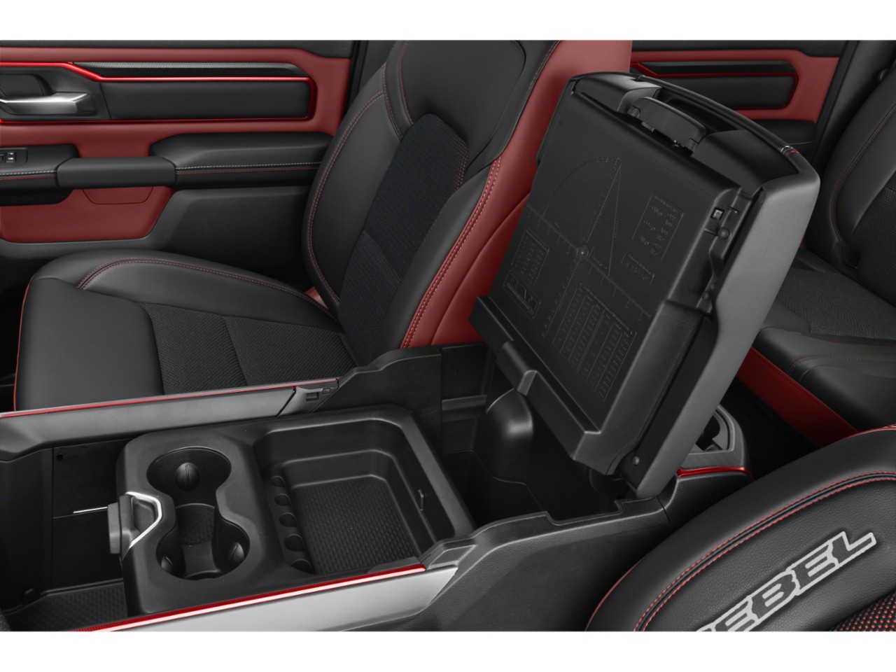 Center console storage with cup holders and detailed red-accented leather interior