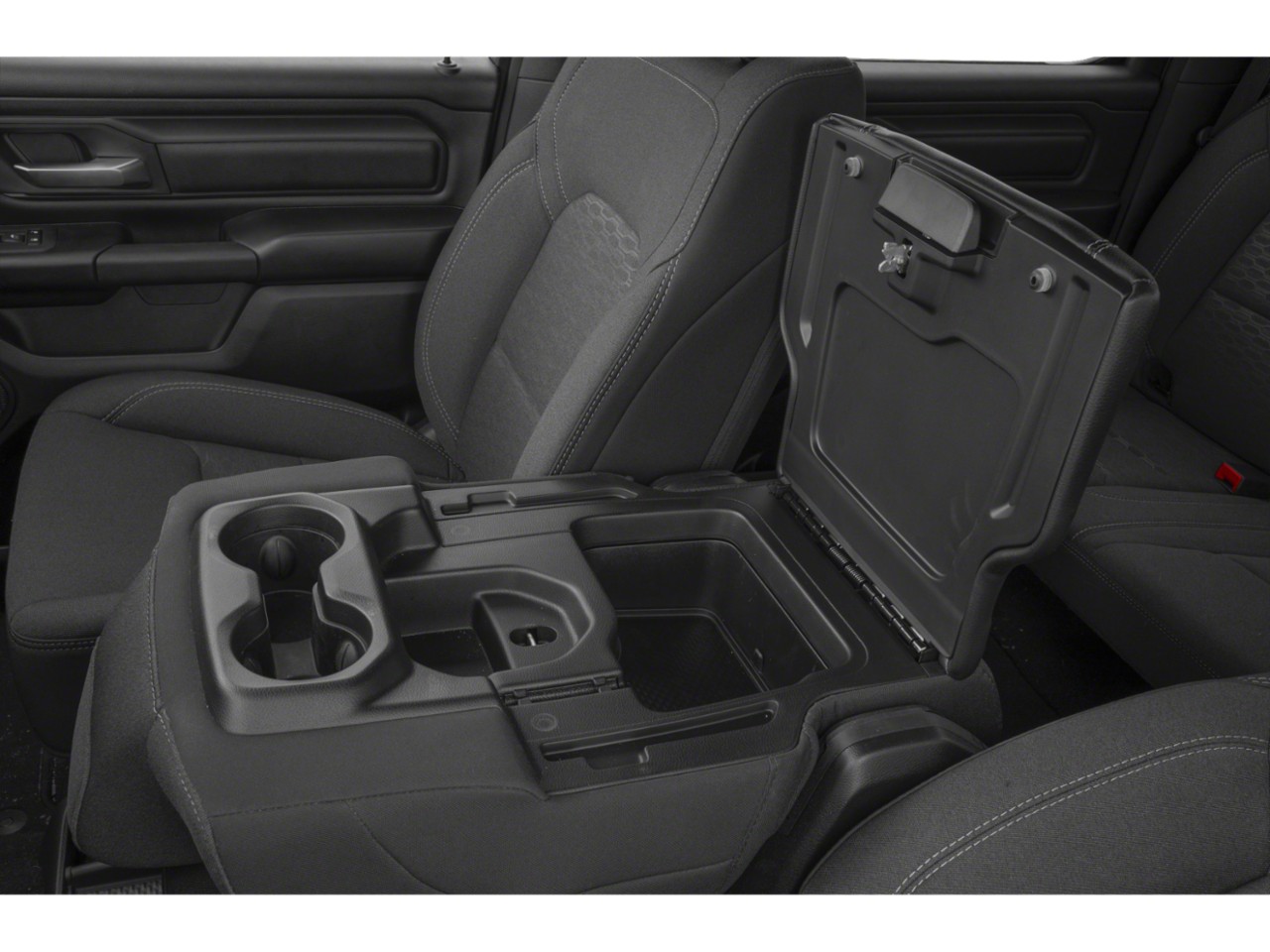 Open center console storage with integrated cup holders in vehicle interior