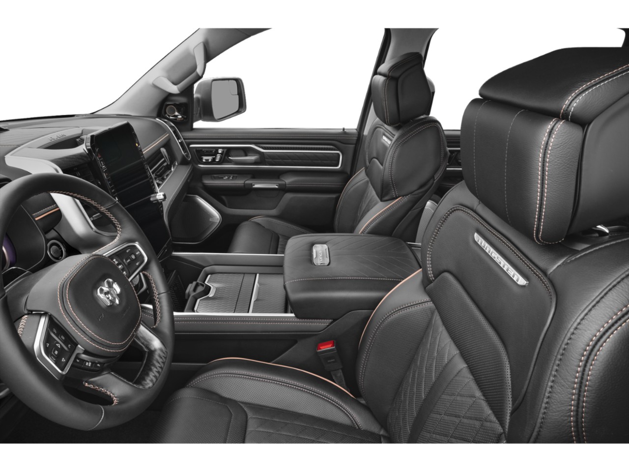Luxurious truck interior with leather seats and advanced dashboard