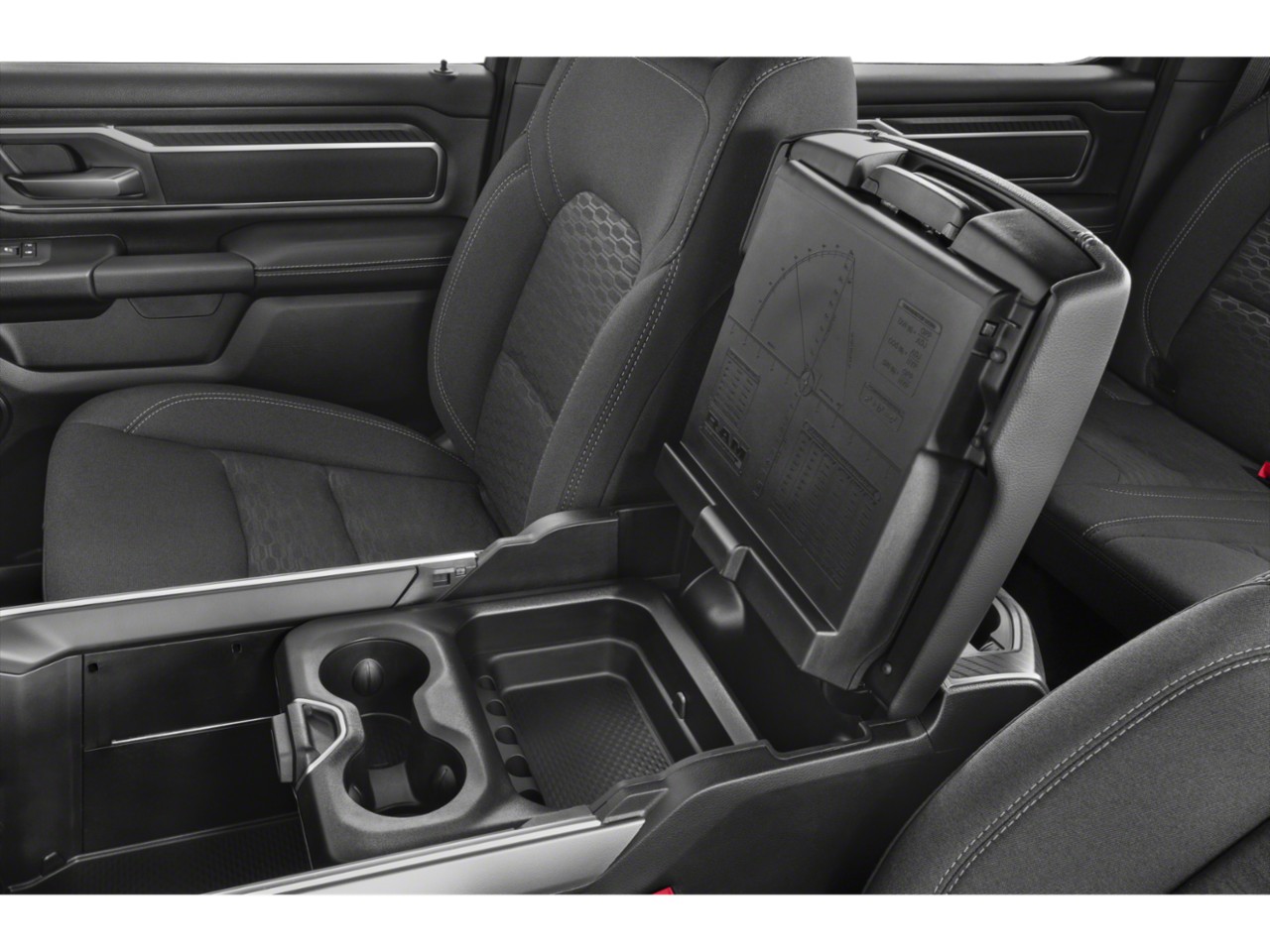 Interior storage console and seat design with cup holders.