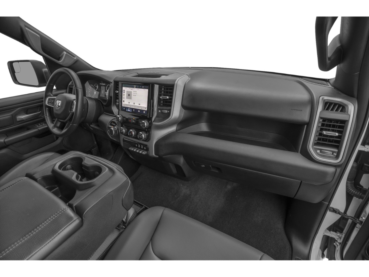 Modern pickup dashboard with touchscreen and center console cupholders