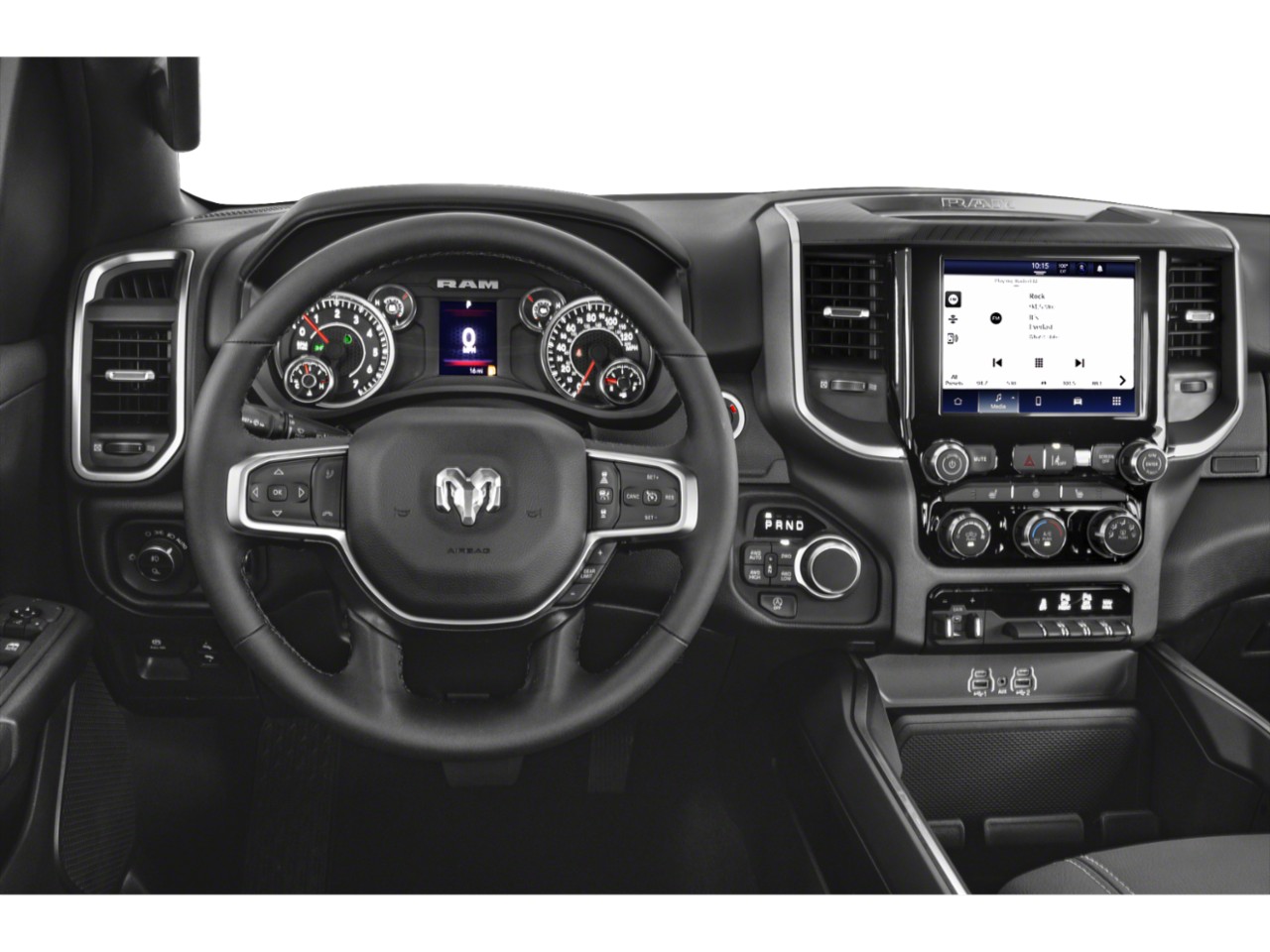 Modern steering wheel, digital instrument cluster, touchscreen infotainment