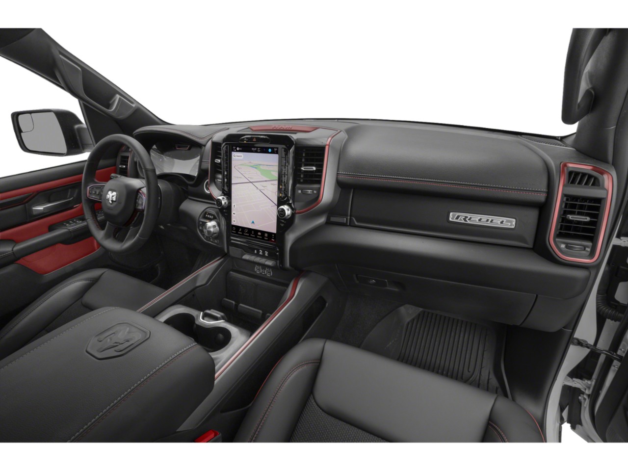 Modern pickup dashboard with large vertical infotainment touchscreen