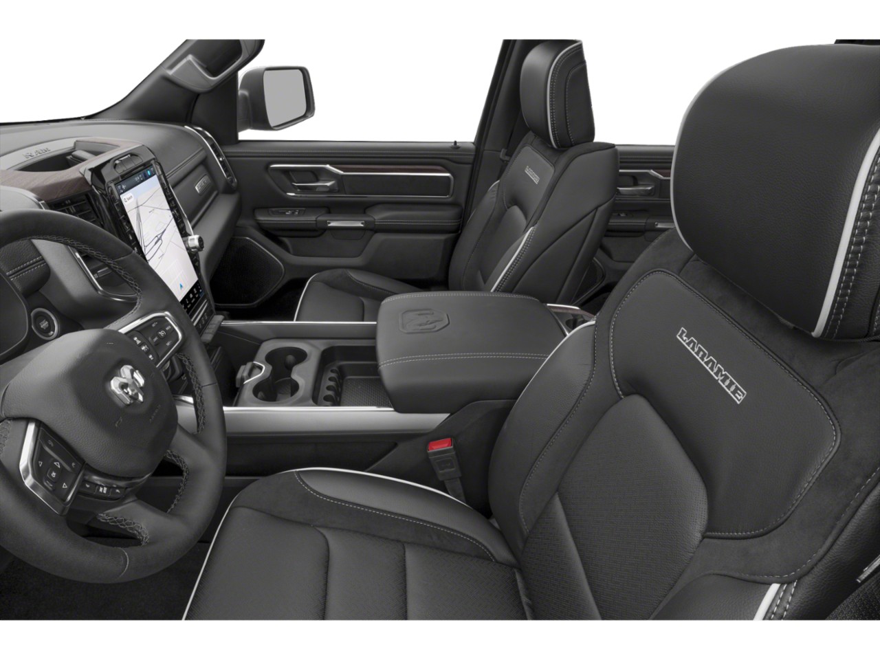 Premium truck interior with touchscreen, steering wheel, and branded seats