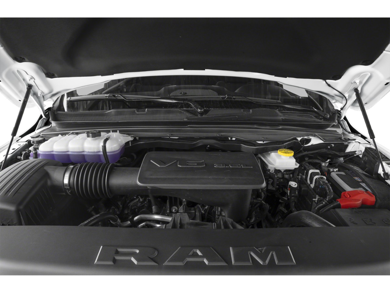 V8 diesel engine with RAM embossed cover under open hood