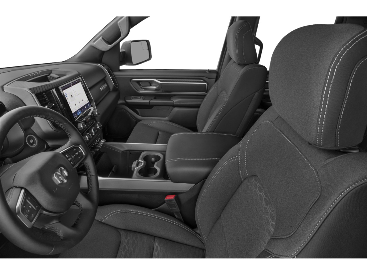 Modern truck interior with touchscreen dashboard and detailed upholstery