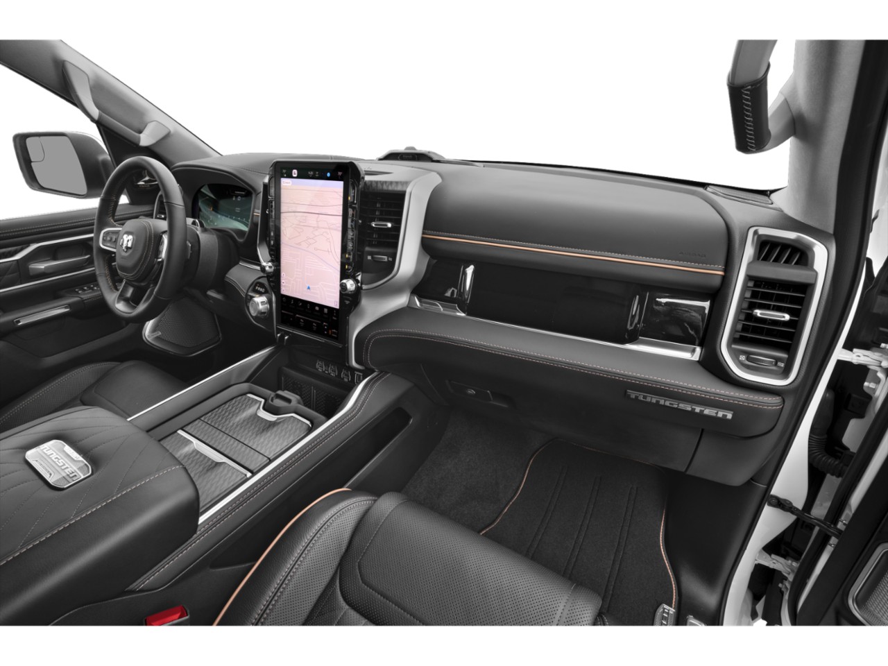 Large vertical touchscreen and Tungsten trim in a modern truck interior
