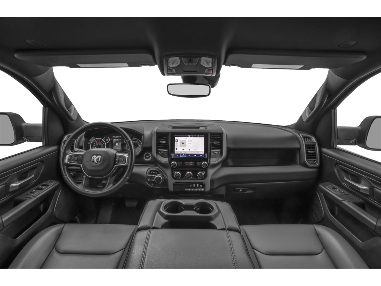 Modern dashboard and center console with touchscreen and steering wheel controls