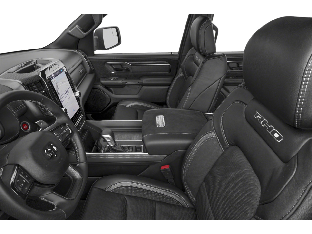 Black leather seats and touchscreen console with navigation