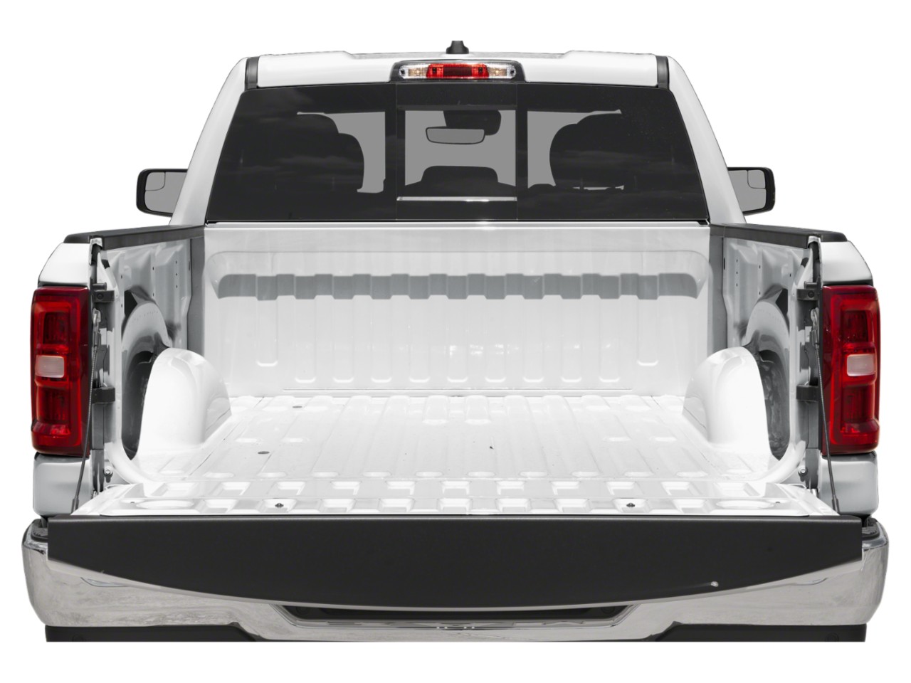 Empty pickup truck bed with open tailgate from rear