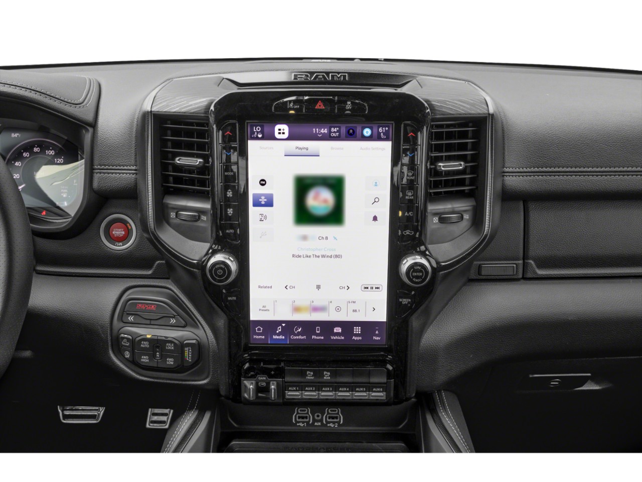 Touchscreen infotainment system and dashboard controls with modern interface.
