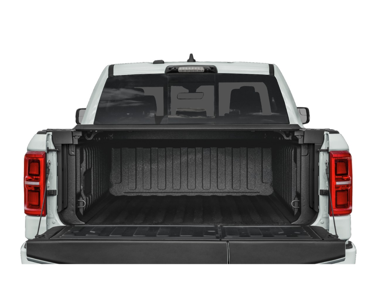 Open truck bed with drop tailgate and protective liner