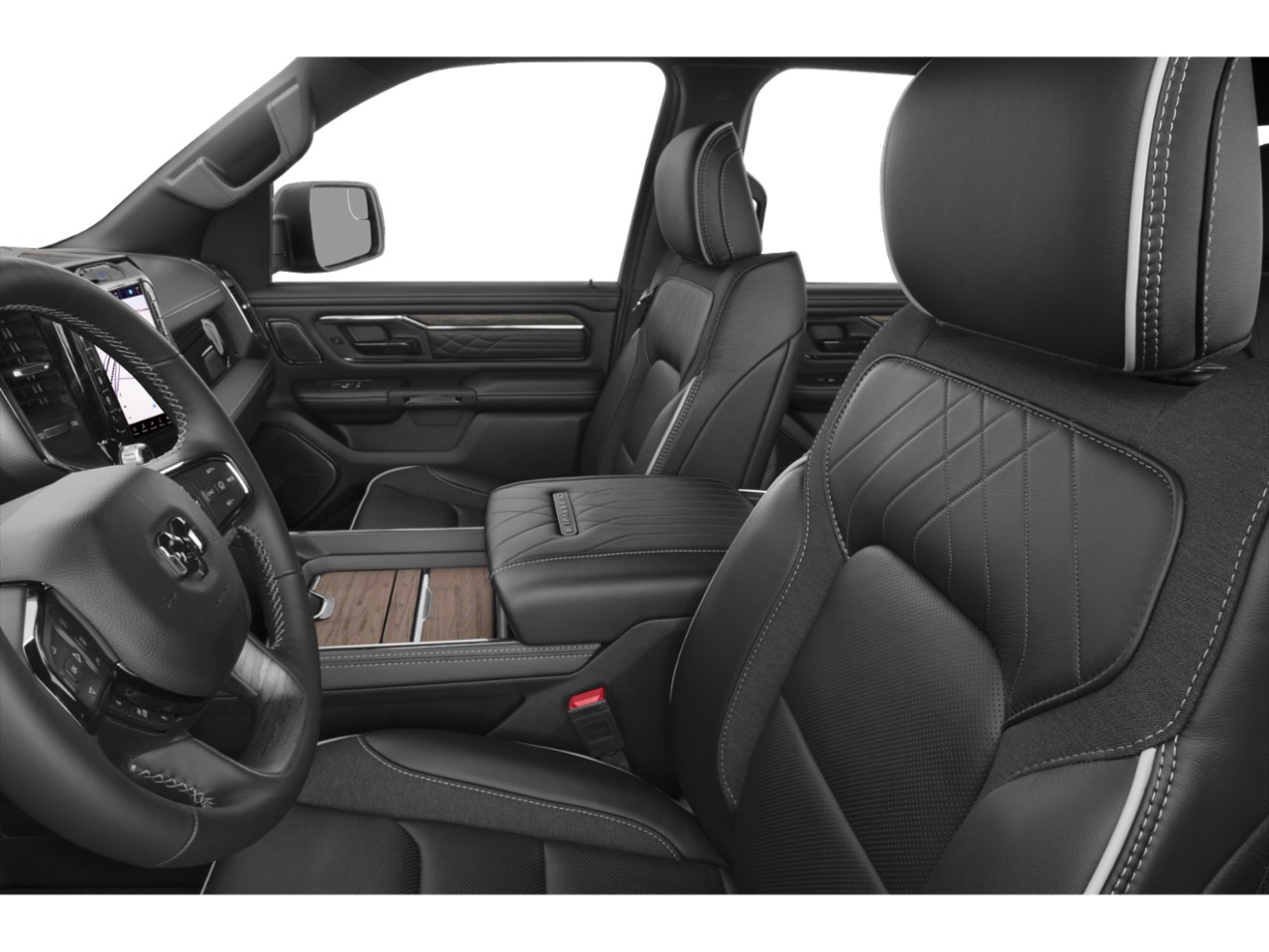 Premium leather seats with detailed stitching and wood accents in luxury truck cabin