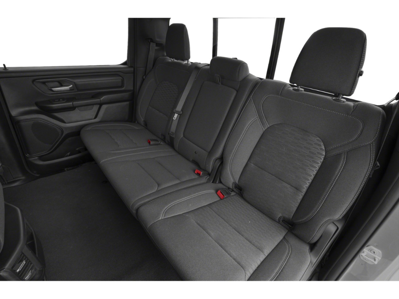 Rear seat interior with spacious upholstery and seat belts