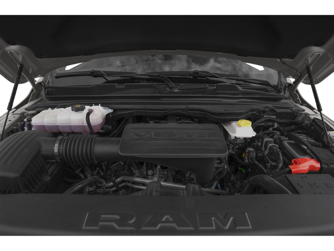 V6 engine bay with intake and fluid reservoirs