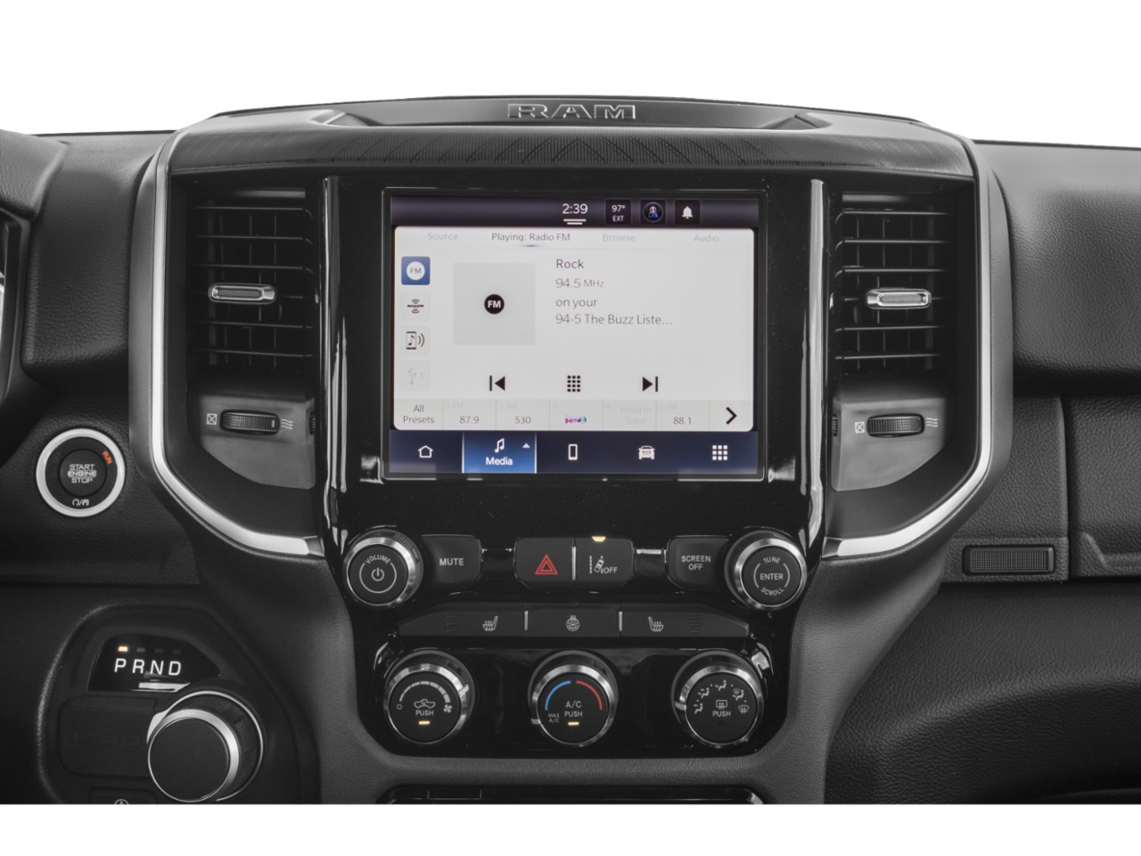 Digital infotainment and climate control center with touchscreen.