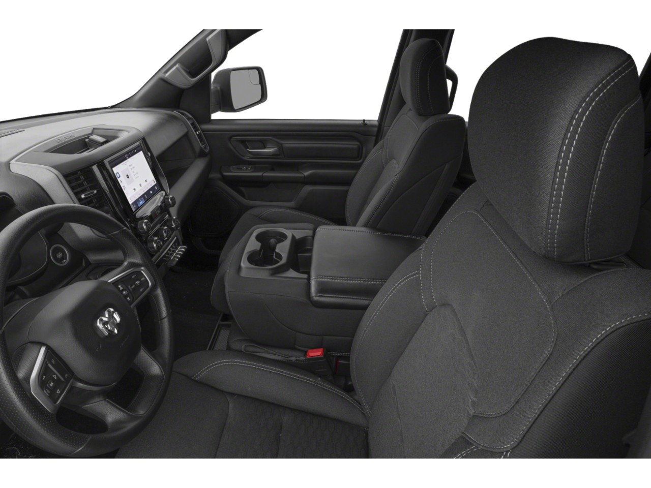 Modern truck interior with touchscreen and cloth seats