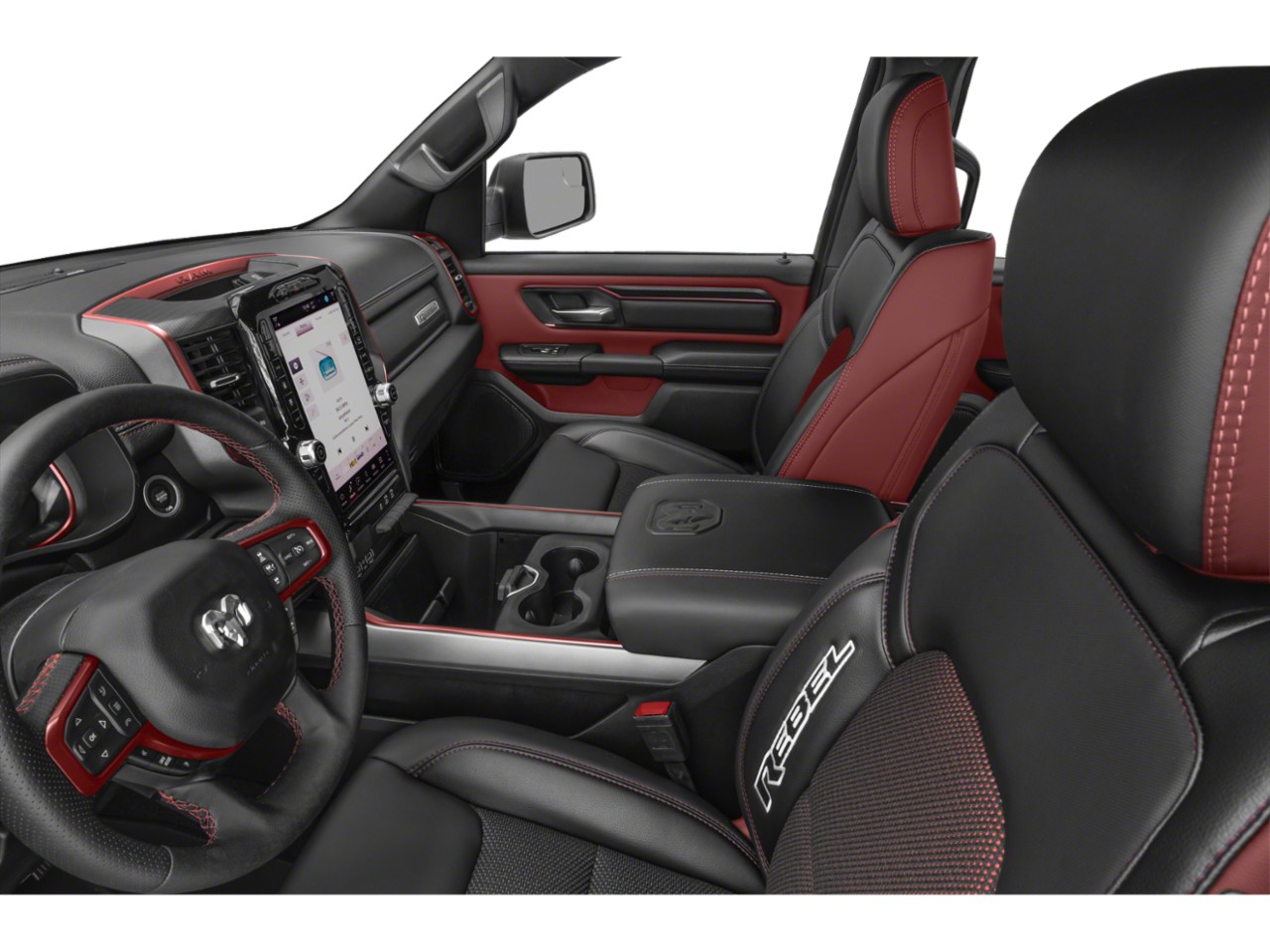 Black and red interior with Rebel trim and large infotainment screen