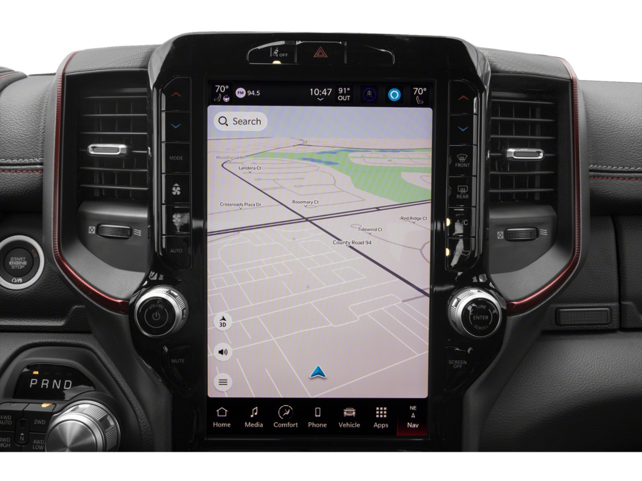 Large central infotainment touchscreen with navigation and vehicle controls