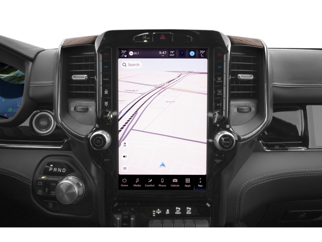 Vertical infotainment screen with navigation and climate controls