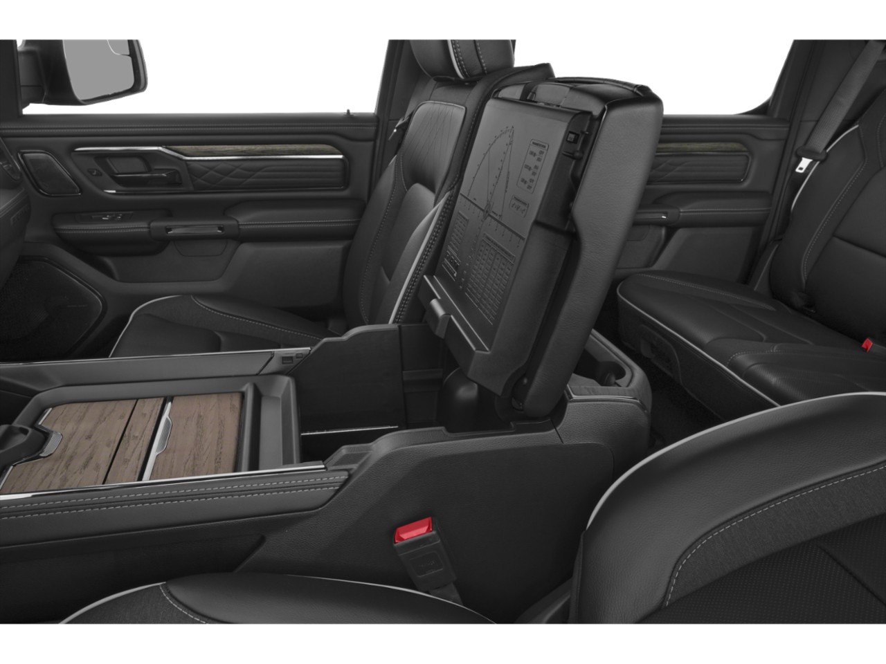 Adjustable front seats and center console storage with wood trim