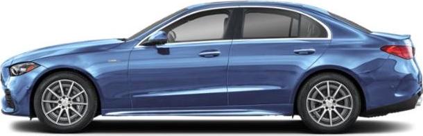 Side profile of blue sedan with alloy wheels and sleek aerodynamic design.