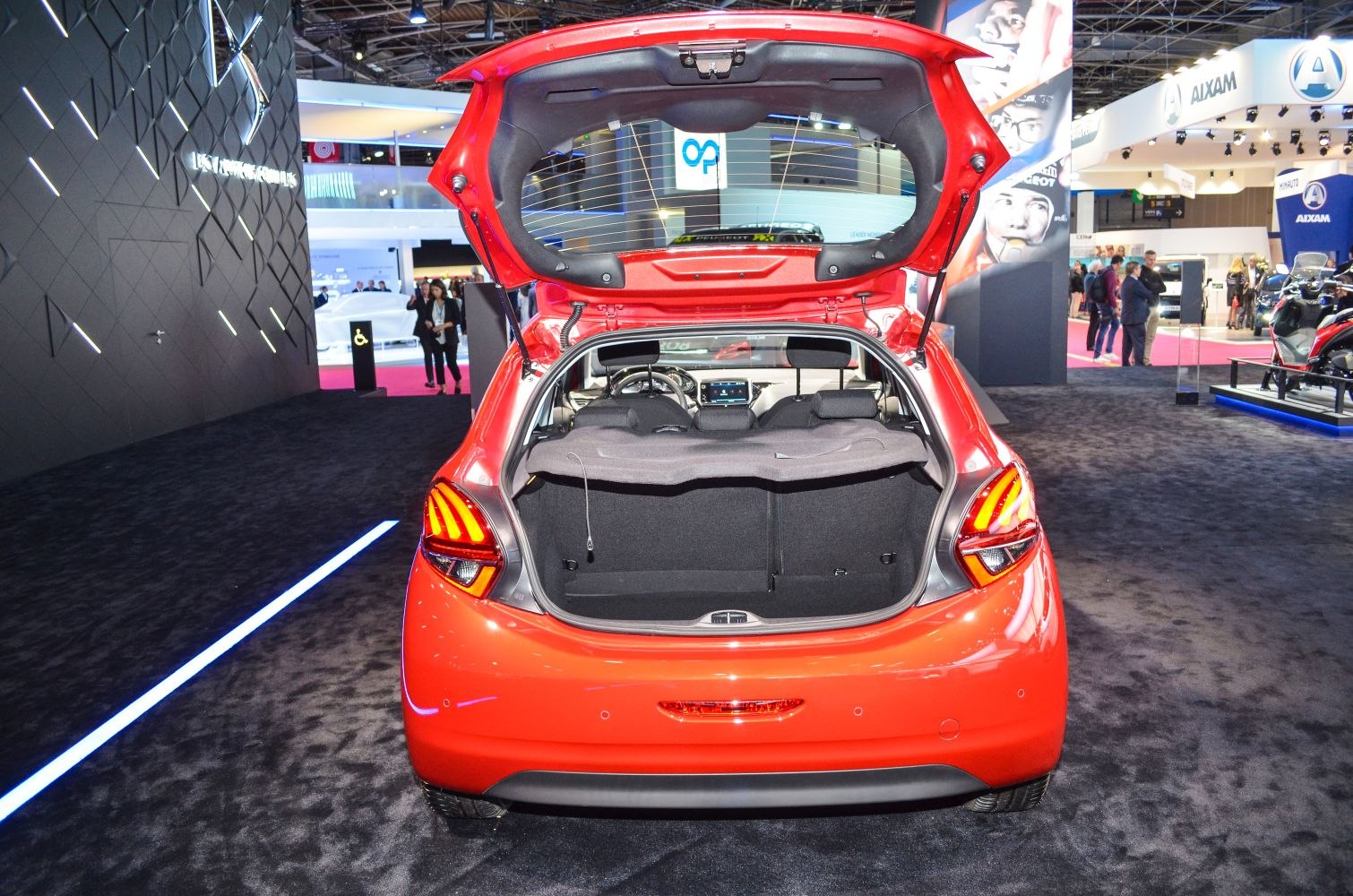 Open hatchback trunk and rear LED taillights of compact hatchback
