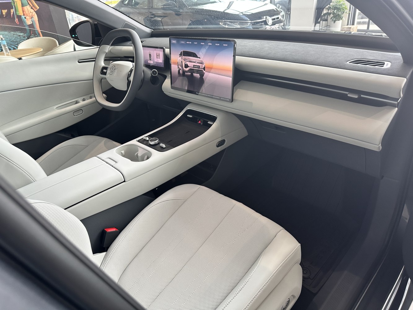 Futuristic interior with digital dashboard and large touchscreen display