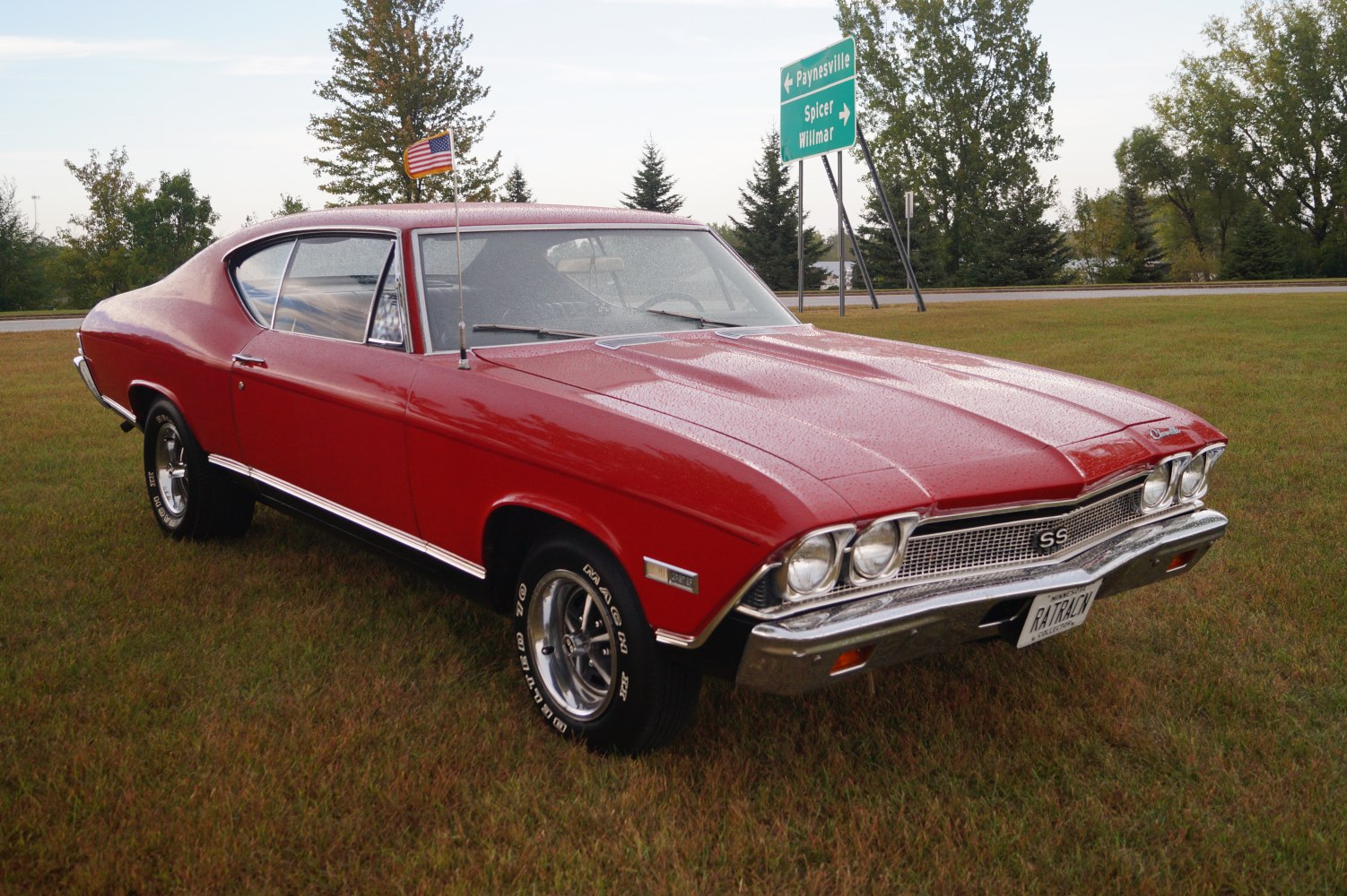 Front view of a classic 1968 Chevrolet muscle coupe with SS grille and dual headlights.