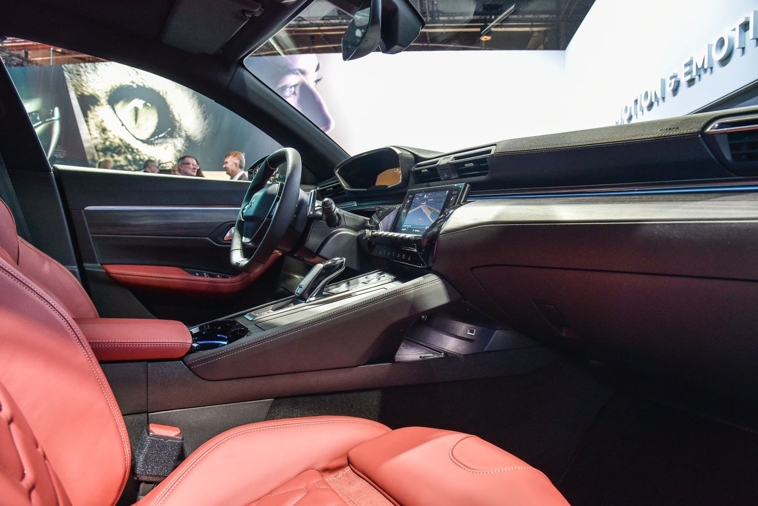 Red leather seats and touchscreen infotainment interior