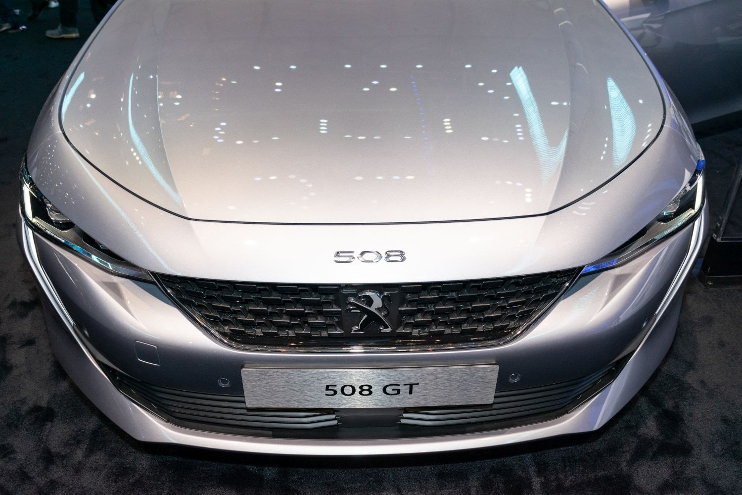 Close-up of front grille with lion emblem and sleek headlights