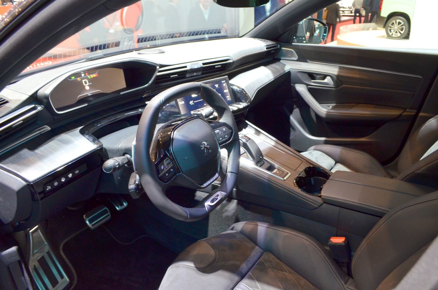 Digital dashboard and multifunction steering wheel in modern car interior