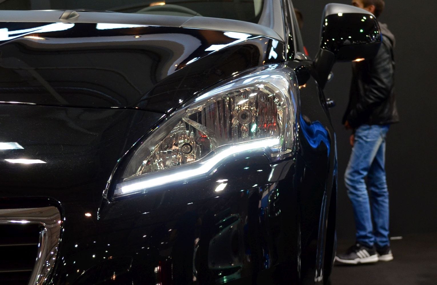 Close-up of front headlight with LED daytime running light